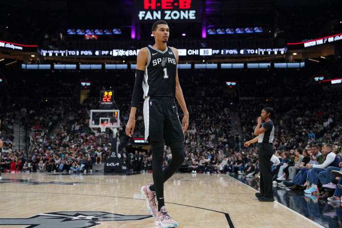 Dec 8, 2023; San Antonio, Texas, USA; San Antonio Spurs center Victor Wembanyama (1) walks over in the second half against the Chicago Bulls at the Frost Bank Center.
